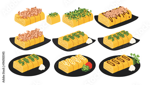 Various styles of tamagoyaki japanese rolled omelet served with different toppings on black plates for a diverse culinary experience.