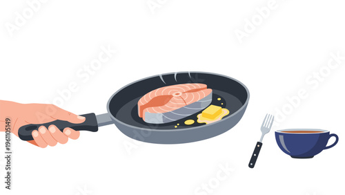 Hand holding a frying pan with a fresh salmon steak and butter being cooked for a healthy seafood meal on a white background.