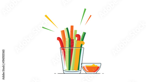 Healthy snack of colorful vegetable sticks including carrots cucumbers and peppers in a glass with a side of dip.