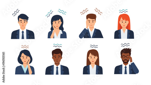 Set of diverse men and women in business attire suffering from headache and stress symptoms on a white background.