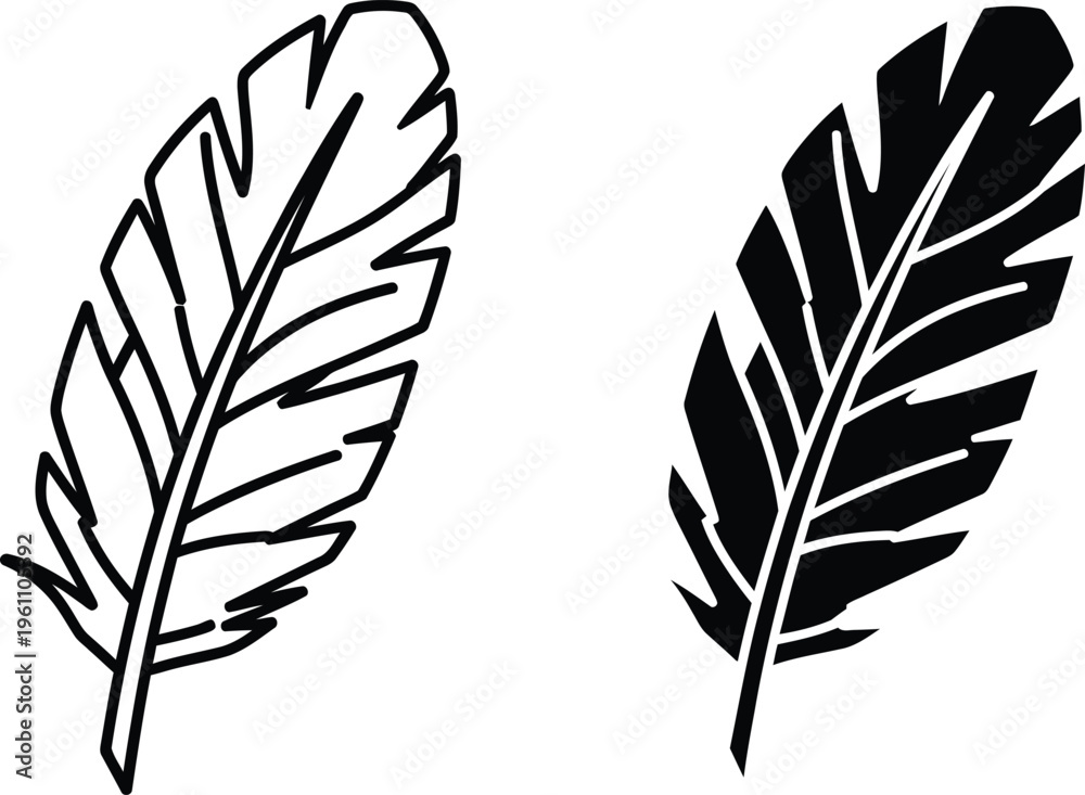 Obraz premium Two feathers one outline one solid black vector