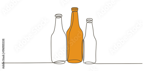Line art illustration of empty beer bottles standing upright and tilted, minimalist continuous one line drawing of alcoholic drink containers.