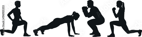 Fitness training silhouettes of men and women performing exercises, workout poses including lunges, squats and push ups, healthy lifestyle concept