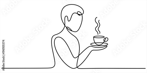 Continuous line drawing of a person holding a cup of steaming coffee or tea in their hand. Vector, illustration
