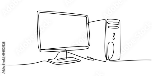 computer continuous line drawing. CPU and monitor minimalist technology concept. Vector illustration electronic object on white background.