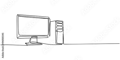 computer continuous line drawing. CPU and monitor minimalist technology concept. Vector illustration electronic object on white background.