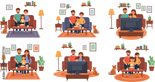 Family Watching TV at Home Illustration Set with Parents, Children, Living Room Interior, Sofa, and Home Entertainment Vector Collection
