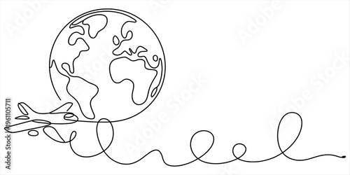 Single continuous line drawing of an airplane flying around the world globe on white background Vector, illustration