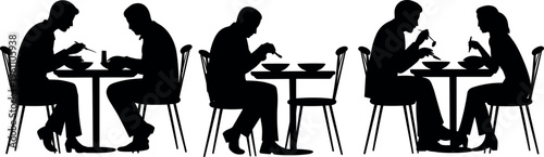 People dining silhouettes set showing couple and individuals eating at restaurant tables, social interaction, daily life scenes, food and lifestyle