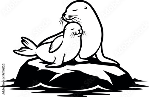 Two sea lions resting together on a rock in water