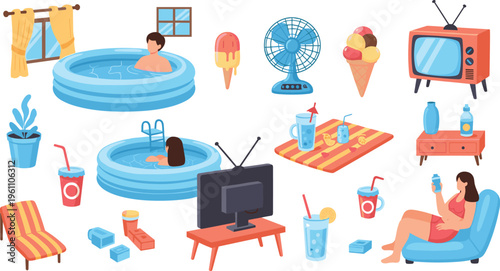 Summer Stay at Home Illustration Set with Inflatable Pool, Ice Cream, Fan, TV, Drinks, and Relaxing Home Vacation Vector Collection