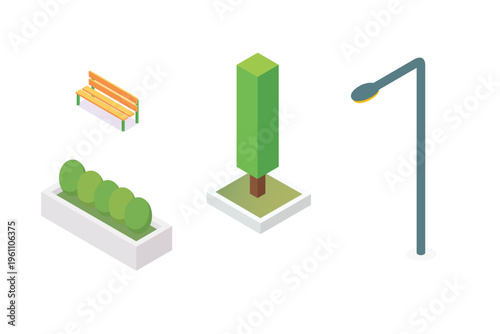Isometric Park Bench And Tree Elements