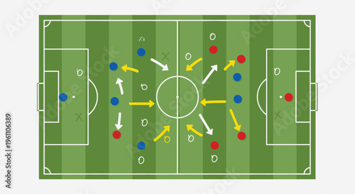 Top View Soccer Football Field Dynamic Training Strategy with Player Positions and Directional Arrows