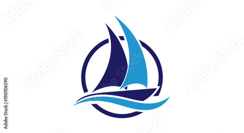 Blue Sailboat Logo Design with Waves in a Circle, Marine Travel Symbol, isolated white background