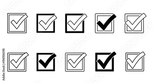 Collection of Outline and Solid Checkmark Icons in Square Boxes on an Isolated White Background.