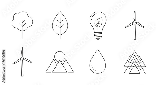 eco friendly icons, sustainable symbols, green energy signs