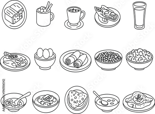Breakfast food vector icon set with coffee, eggs, toast, cereal, and healthy morning meal elements