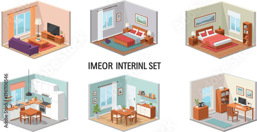 Isometric Home Interior Room Set with Bedroom, Living Room, Kitchen, Dining Room, and Home Office Vector Illustration Collection