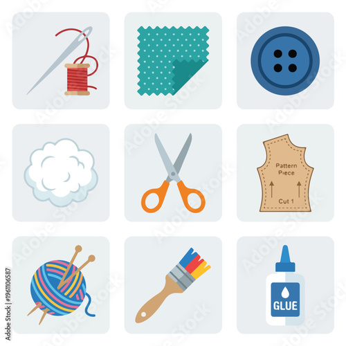 Sewing and craft supplies icons.