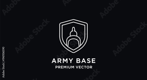 Minimalist white line art logo featuring a military helmet enclosed within a protective shield outline against a dark background.