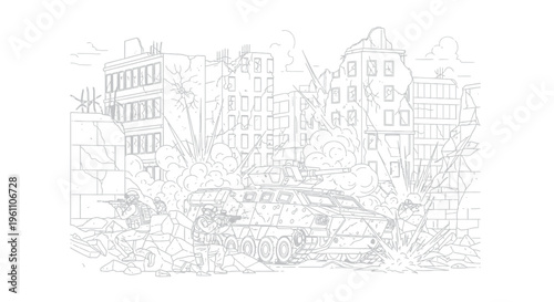 Soldiers engage in intense combat maneuvers near a powerful armored vehicle amidst a heavily bombarded urban battlefield setting.