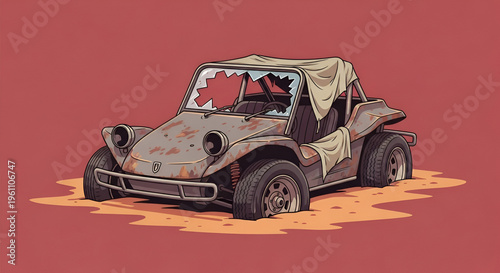Cartoon-style rusty dune buggy with a broken windshield and tan cloth top stranded in a sandy desolate landscape