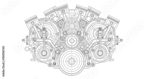 Intricate Outline Drawing of a V-Engine Internal Combustion Engine with Detailed Mechanical Parts on Isolated White Background