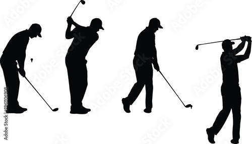Black silhouette set of professional male golfers in various swing poses and stances isolated on white background for sports and recreation.