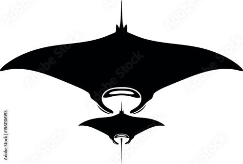Black silhouette illustration of manta ray swimming underwater with transparent background