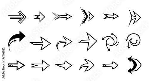 Diverse Collection of Line Art Arrow Icons for Direction and Navigation on Isolated White Background