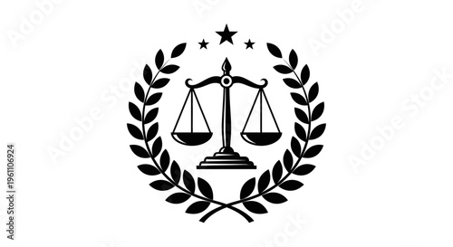 Scales of Justice with Star and Laurel Wreath Emblem on Isolated White Background