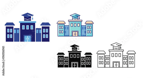 colorful university buildings with graduation caps