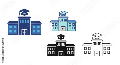 colorful university buildings with graduation caps