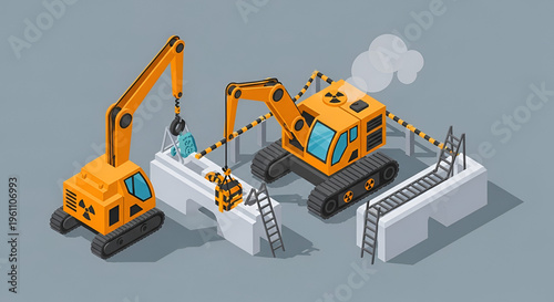 Cartoon style yellow excavators lifting and moving radioactive waste in a decommissioning process at a nuclear power plant