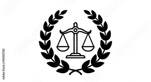 Scales of Justice with Laurel Wreath Emblem, Symbol of Law and Balance on Isolated White Background
