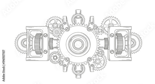 Detailed Steampunk Mechanical Frame Border, Industrial Gears and Cogs Arrangement on Isolated White Background