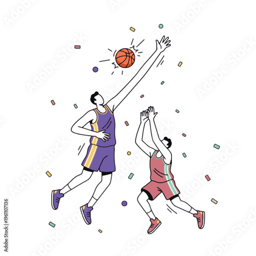 Basketball Players Jumping for Jump Ball Tip Off Rival Block Shot Vector Illustration