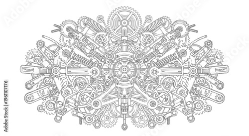 Intricate Steampunk Gear Mandala Design, Industrial Mechanical Arrangement on Isolated White Background
