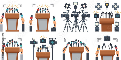 Press Conference and Media Interview Icon Set with Podium, Microphones, Cameras, Journalists, and News Broadcasting Vector Illustration Collection