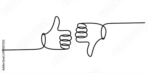 Continuous line drawing of a thumbs up and thumbs down hand gesture on a white background. Vector, illustration