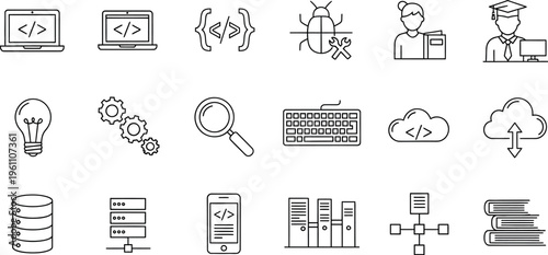 This collection of linear vector icons perfectly represents software development, programming, cloud computing, data management, and education, making it ideal for technology-related design projects.