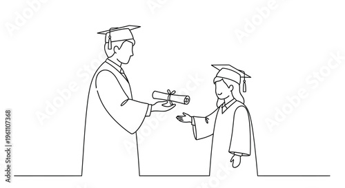 A professor hands a diploma to a graduating student in a line art illustration representing academic achievement, educational milestones, and the culmination of years of hard work.