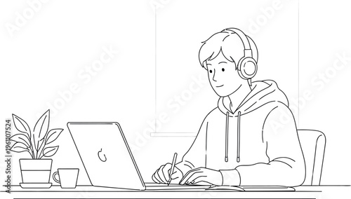 Dedicated young person wearing headphones focusing intently while working on their laptop and diligently taking notes in a minimalist home office or study environment.