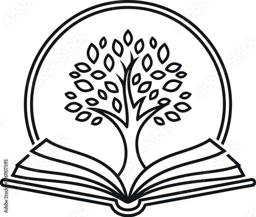 Line art logo design featuring a flourishing tree growing directly from the pages of an open book enclosed within a circular frame.