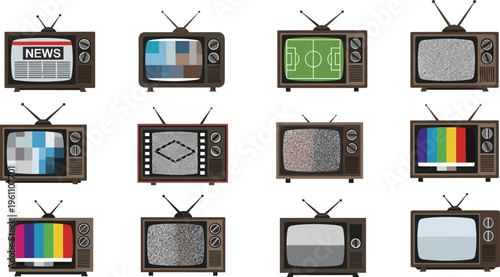 Retro Television Screen Icon Set with News Broadcast, Color Bars, Static Noise, Test Pattern, and Vintage TV Screens Vector Illustration