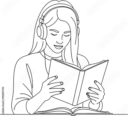 Young woman wearing headphones and smiling while happily reading a book, enjoying an audiobook or educational content in a peaceful learning environment.