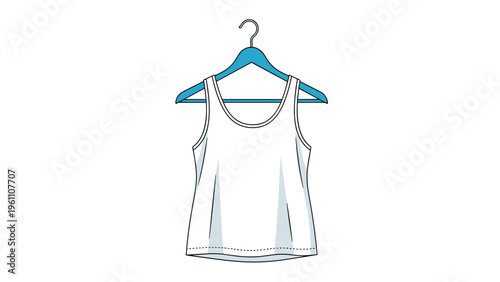 Simple white sleeveless tank top or camisole for women hanging on a blue plastic hanger isolated against a plain white background.