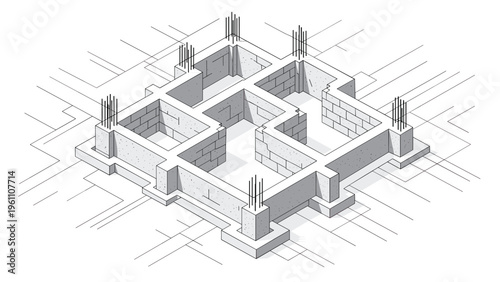 Isometric technical drawing of a residential building foundation under construction with concrete walls and rebar on blueprints.