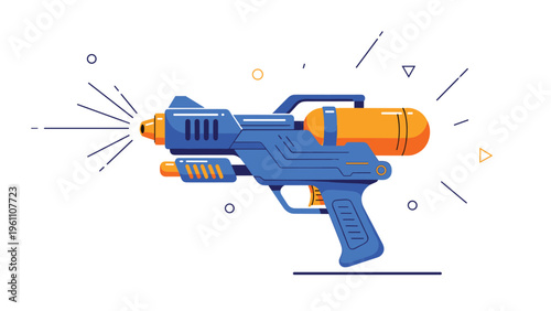Futuristic blue and orange water gun or squirt gun toy illustrated in a clean vector style with dynamic motion lines on background.
