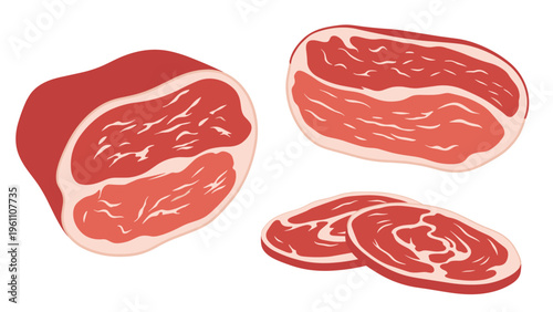 Raw meat cuts and fresh beef slices displayed on a clean white background for culinary and butcher shop marketing concepts.